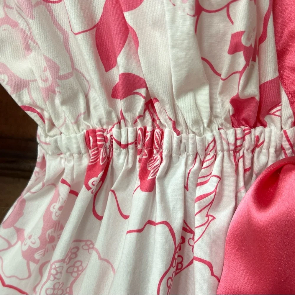 Bebe NWT Pink White Floral V-Neck Babydoll Top Empire Waist Puff Sleeves Sz S - Picture 4 of 15